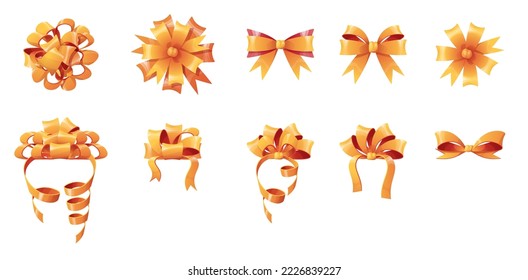 Set of golden bows for decorating boxes,  gifts on an isolated background. Christmas and New Year decor. Festive mood. Vector cartoon illustration