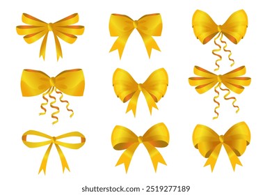 Set of golden bows in flat cartoon design. This image shows nine different yellow bows, each with a unique design and shape painted in yellow on a white background. Vector illustration.