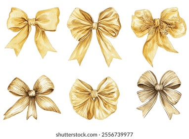 Set golden bows, perfect for adding a touch of luxury to your designs. Ideal for invitations, gift wrapping, and festive decorations. High-quality, detailed, and versatile.