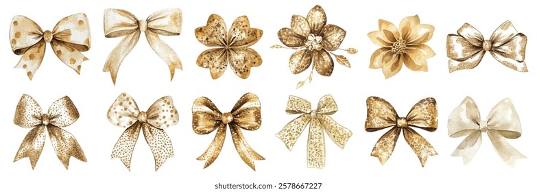 Set golden bows, perfect for adding a touch of luxury to your designs. Ideal for invitations, gift wrapping, and festive decorations. High-quality, detailed, and versatile.