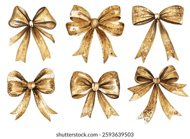 Set golden bows, perfect for adding a touch of luxury to your designs. Ideal for invitations, gift wrapping, and festive decorations. High-quality, detailed, and versatile.