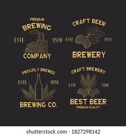 Set of golden brewery labels and signs. Emblems and badges for pub or bar menu with hop, malt, barley, beer factory. Vector illustration with gold vintage brand design.