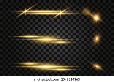 Set of golden bright stars.Horizontal lines of light. Christmas star. On a transparent background.