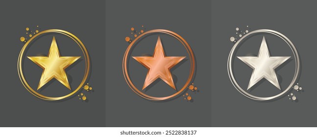 Set of golden, bronze, silver stars with gold circle ring vector illustration isolated on white background