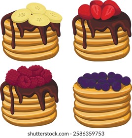 set of golden brown pancakes stack topped with rich, melted chocolate and banana slices, fresh raspberry, blueberry and strawberry.