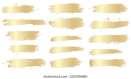 Set of golden brush strokes in grunge style. Irregular shapes and rough edges. Vector clipart for t-shirt or website.