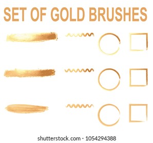 set of golden brushes with examples of application in the form of a wavy line, circle and square on a white background