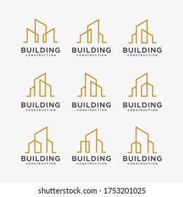 conjunto de diseños de logotipo de edificios dorados. diseño de logotipo de construcción con estilo de arte de línea.