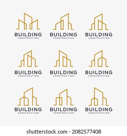 set of golden building logo designs. construction logo design with line art style.