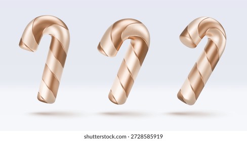 Set Golden candy cane with gold and white stripes and shadow. Christmas vector illustration for postcard, business card, decor, design, arts, party, sale, advertising