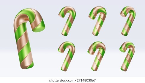 Set golden candy cane with green stripes. Isolated on white background. Christmas vector illustration for postcard, business card, decor, design, arts, party, sale, advertising