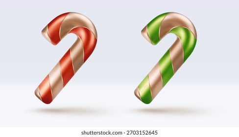Set golden candy cane with red and green stripes and shadow. Christmas vector illustration for postcard, business card, decor, design, arts, party, sale, advertising
