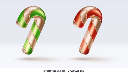 Set golden candy cane with red and green stripes and shadow. Christmas vector illustration for postcard, business card, decor, design, arts, party, sale, advertising