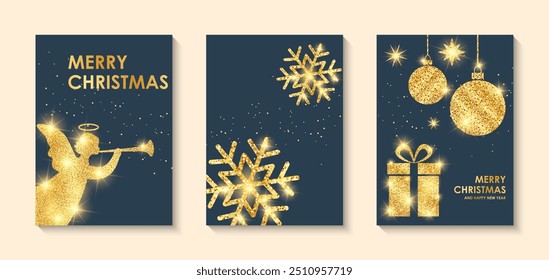 Set of golden cards with angel and gifts, snow and Christmas tree toys on black background. Design concept for Merry Christmas greetings.