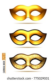 Set of Golden Carnival Mask, Masquerade, Mardi Gras. Carnival glittering design for Night Party Poster, Dance Party Flyer, Musical Party Banner, Carnival Invitation.