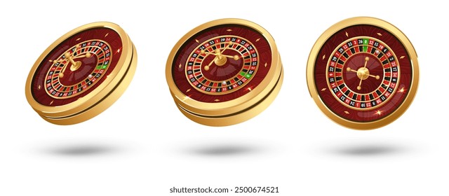 Set Golden casino roulette wheel with wood desk and cells on white background with golden light, rays, glare, sparkles. Vector illustration for casino, game design, advertising