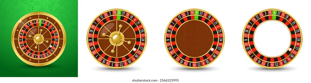 Set Golden casino roulette wheel with numbers and cells on white background with golden light, rays, glare, sparkles. Vector illustration for casino, game design, advertising