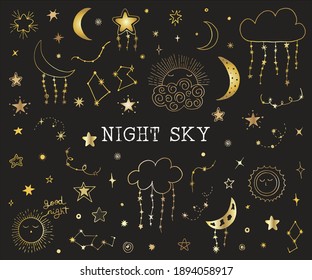 Set of golden celestial digital elements. Designs for children's room, packaging, postcards, banners, digital albums, planner, web design, prints, covers, scrapbooking. Sun, moon, cloud, stars