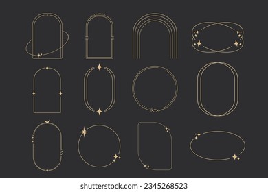 Set golden celestial frames, borders, arch line art esoteric minimal decoration with sparkles isolated on dark background.