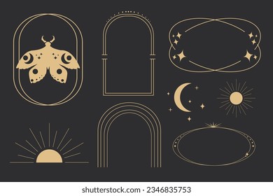 Set golden celestial frames, borders, arch line art esoteric minimal decoration with sparkles isolated on dark background.