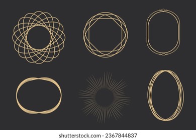 Set golden celestial frames, borders, arch line art esoteric minimal decoration with sparkles isolated on dark background.