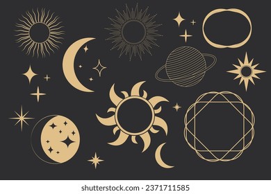 Set golden celestial frames, borders, arch line art esoteric minimal decoration with sparkles isolated on dark background.