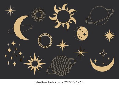 Set golden celestial frames, borders, arch line art esoteric minimal decoration with sparkles isolated on dark background.