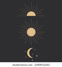 Set golden celestial frames, borders, arch line art esoteric minimal decoration with sparkles isolated on dark background.