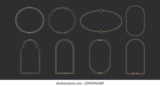 Set Golden celestial frames, borders, oval, circle and arch line art esoteric minimal decoration with sparkles isolated on dark background.