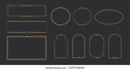 Set Golden celestial frames, borders, oval, circle and arch line art esoteric minimal decoration with sparkles isolated on dark background.