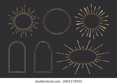 Das Set Goldene Himmelsrahmen, Rahmen, oval, Kreis und Bogenlinie Kunst esoterische minimale Dekoration mit Funkeln einzeln auf dunklem Hintergrund.