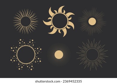 Set golden celestial frames sun, borders, arch line art esoteric minimal decoration with sparkles isolated on dark background.