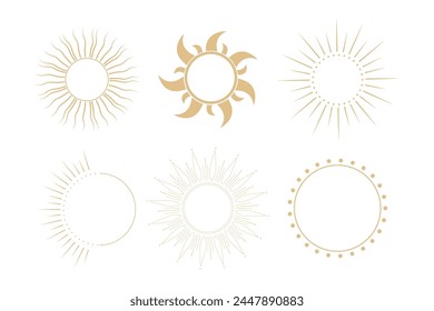 Set golden celestial frames sun, borders, arch line art esoteric minimal decoration with sparkles isolated on dark background.