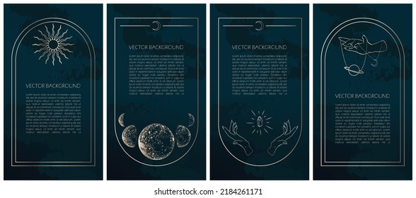 Set von goldenen Himmelsäulen-geheimnisvollen Vektorgrafiken für Geschichten Vorlagen, mobile App, Landing-Page, Web-Design, Poster. Okkulter Zauberhintergrund für Astrologie, Wahrsagerei, Tarot-Konzept. 