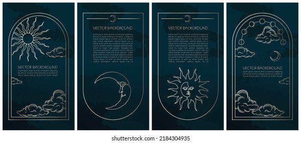 Set of golden celestial mysterious vector illustrations for stories templates, mobile app, landing page, web design, posters. Occult magic background for astrology, fortune telling, tarot concept. 