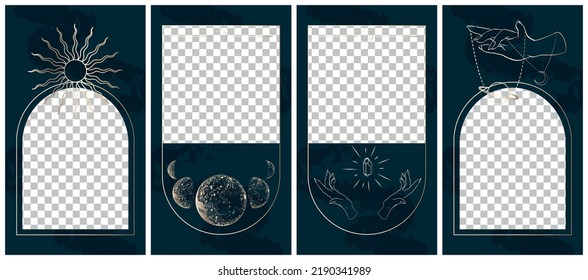 Set of golden celestial mysterious vector illustrations for stories templates, mobile app, posters. Photo frame. Occult magic background for astrology, fortune telling, tarot concept. One line art