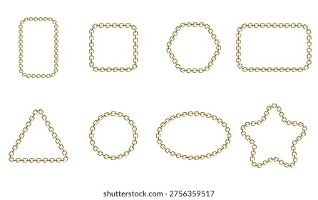 Set of golden chain frames in various shapes on white background. Elegant metallic borders perfect for design, branding, and decorative projects.
