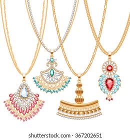 Set of golden chains with different pendants. Precious necklaces. Ethnic indian style brooches pendants with gemstones pearls. Include chains brushes.