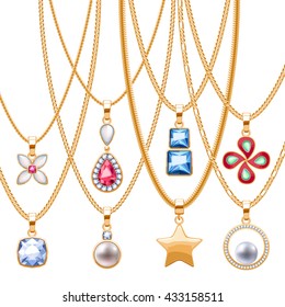 Set of golden chains with different pendants. Precious necklaces. Golden pendants with gemstones pearls. Ruby diamond pendants design vector illustration.