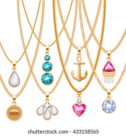 Set of golden chains with different pendants. Precious necklaces. Golden pendants with gemstones pearls. Ruby diamond pendants design vector illustration.