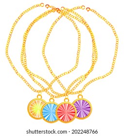 Set of golden chains with round pendants.