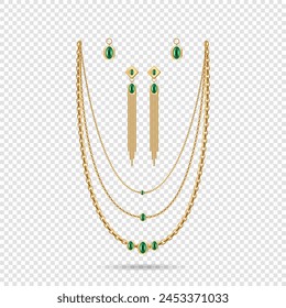 Set of golden chains with Ruby diamond pendants design vector. Precious necklaces.