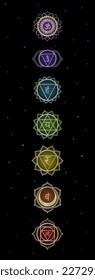 Set of golden chakras on black background with colorful dots. Esoteric decorative design vector illustration. 