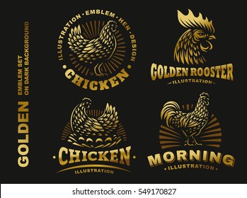 Set golden chicken illustration emblem, logo on dark background.