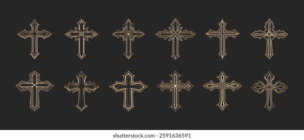 Set of golden Christian crosses. Decorative crucifix religion symbol. Orthodox faith church icon design. Illustration.