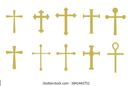 Set of golden christian crosses in vector