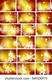 Set of golden Christmas backgrounds with snow, glows and trees. Vector illustration