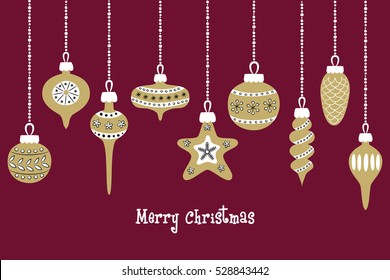 Set of golden christmas balls on the vinous background. Vector illustration.