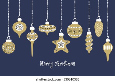 Set of golden christmas balls on the blue background. Vector illustration.