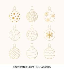 Set of golden Christmas balls in outline. Vector isolated gold icons collection of shiny glass baubles with snowflakes and glitter sparkles.